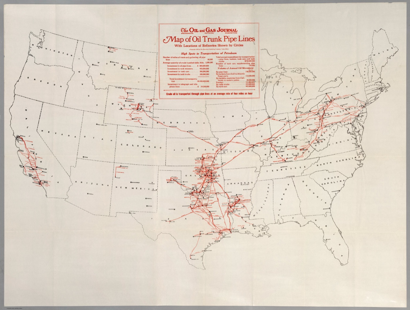 A historical Oil and Gas Journal map of the United States with oil trunk pipe lines drawn in red, converging on the Mid-Continent fields and running east to the refineries.